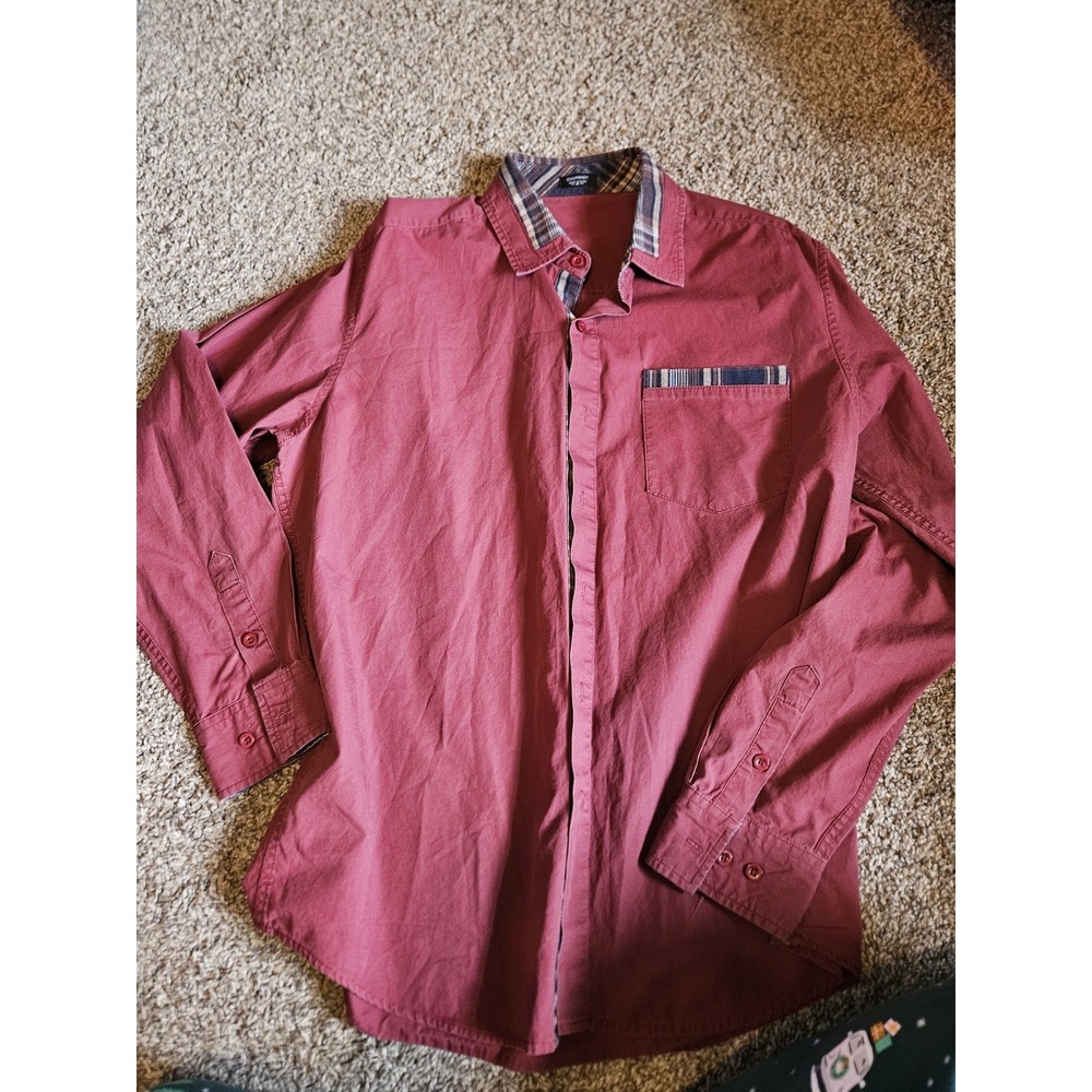 Coofandy Men's Red Button-Up Shirt M Long Sleeve Plaid Trim Cotton Woven